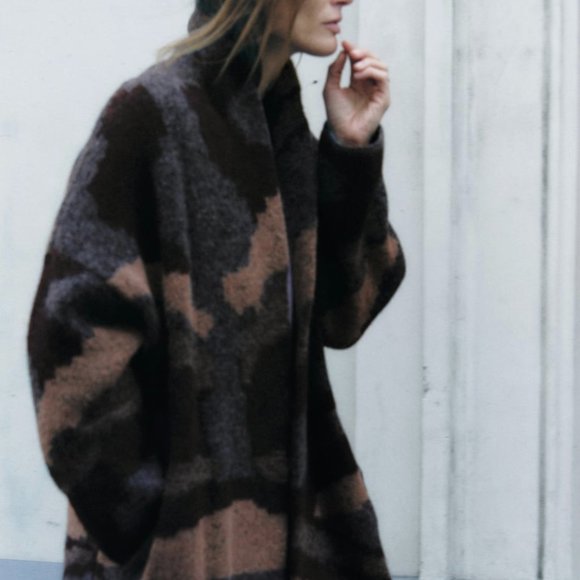 ZARA Oversized Jacquard Long Knit Coat(Multicolor, US S, M, L/EUR S, M, L) - Picture 3 of 11